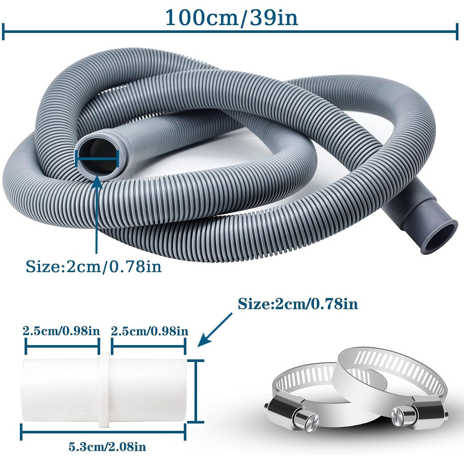 1m Drain Hose Extension Kit with Connector and Clamps, detail view